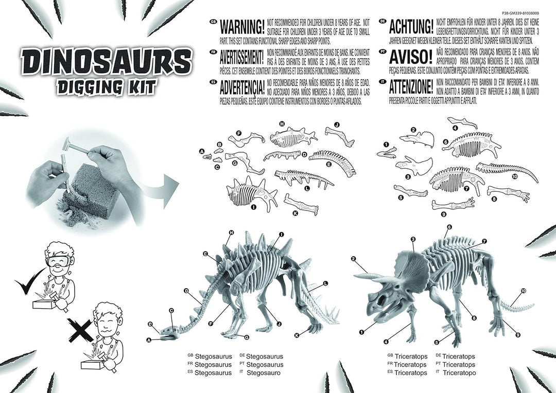 Grosses 2in1 Dinosaurier Ausgrabungsset mit Werkzeug Triceraptops und Stegosaurus in schwerem Sandbl