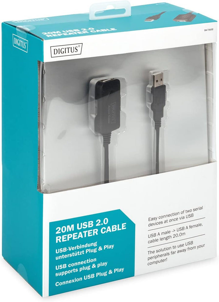 DIGITUS Aktives USB 2.0 Verlängerungskabel, Repeaterkabel, 20 m Länge, USB A Stecker auf USB A Buchs