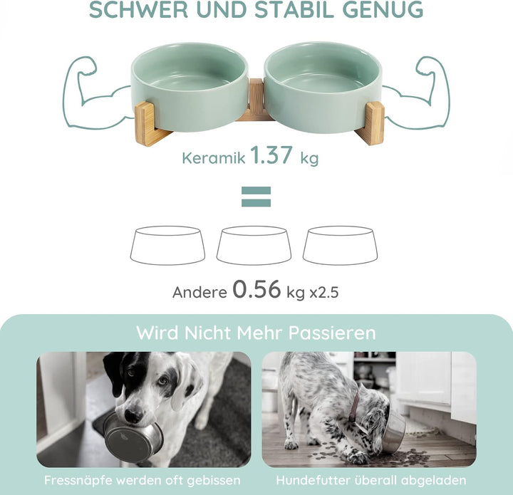 SPUNKYJUNKY Keramik Doppel Futternapf mit Bambus Ständer für Katzen und Hunde (400ml, Hellgrün), Dop