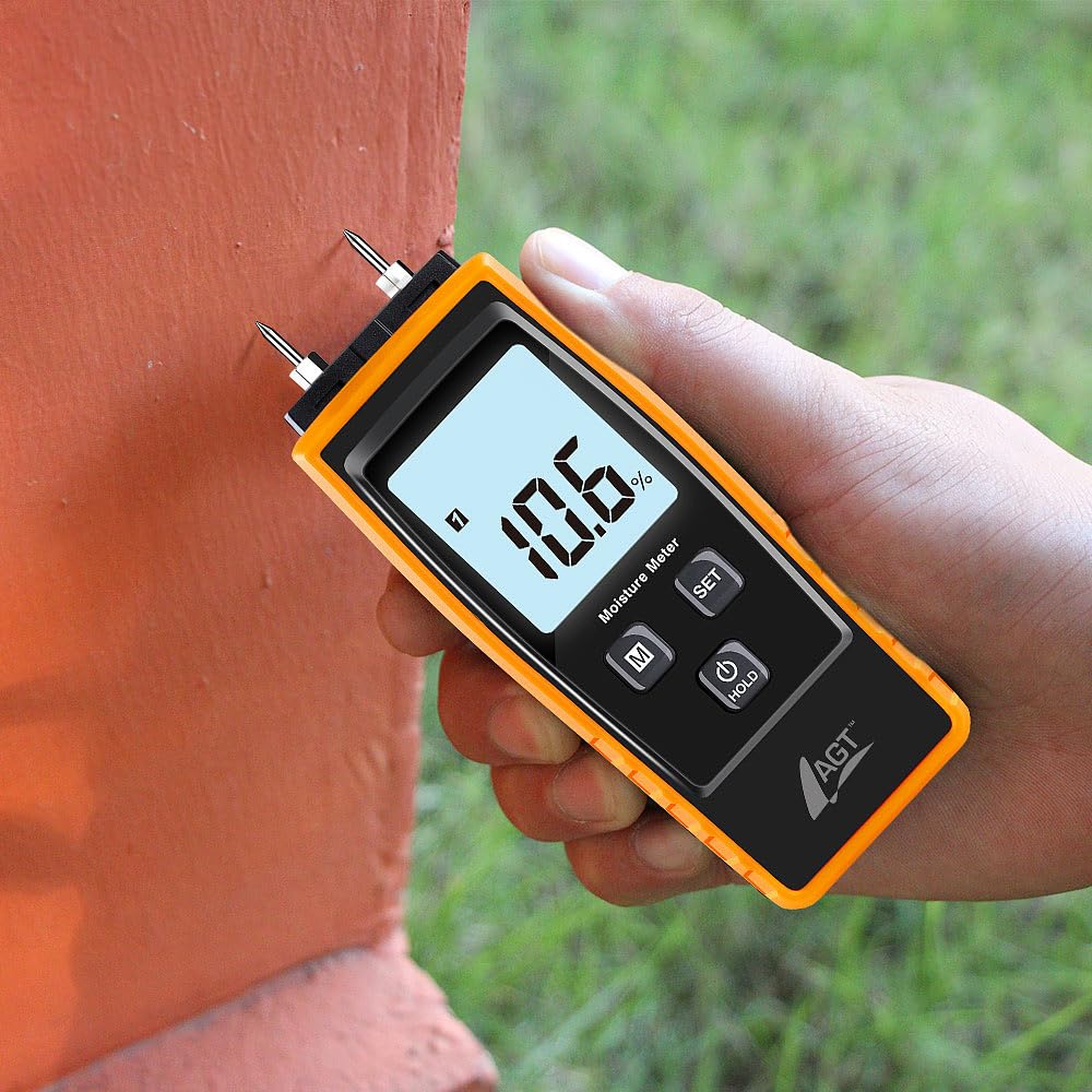 AGT Feuchtigkeitsmessgerät: Mobiler 4in1-Feuchtigkeitsdetektor, Batterie-Betrieb, LCD-Display (Holzf