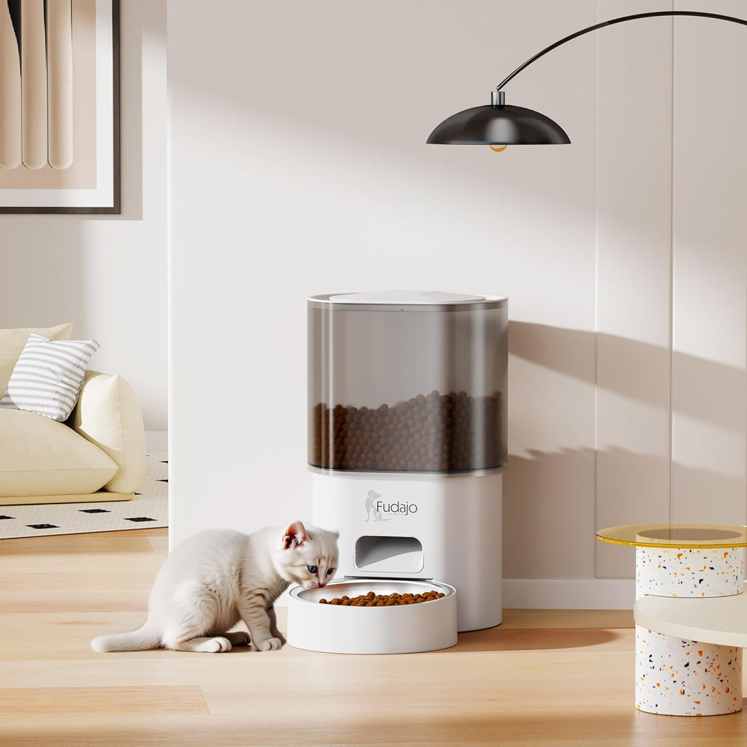 Fudajo Futter- und Trinkautomat für Katzen & Hunde in Weiss, 3 L Futterspender und 2,5 L Trinkbrunne