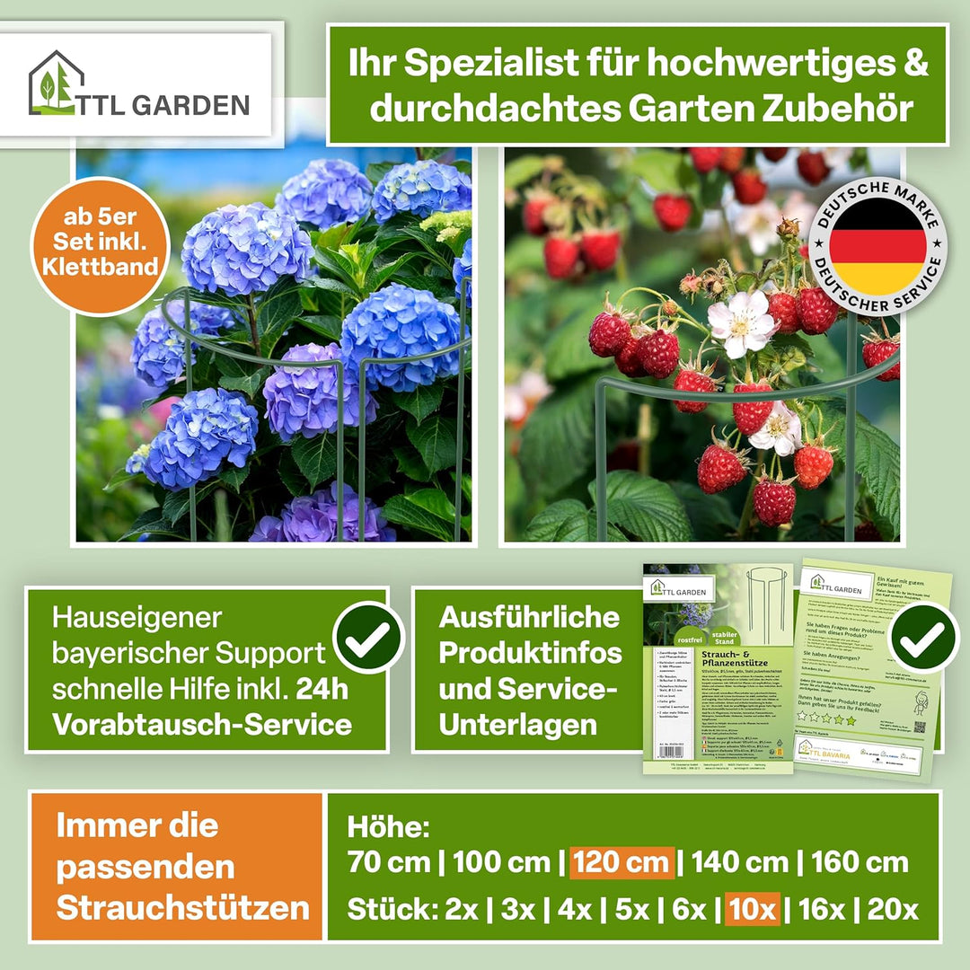 TTL GARDEN Strauchstützen 120cmx40cm 10er Set + Klettband - Pflanzenstütze | Stahl rostfrei Kunststo