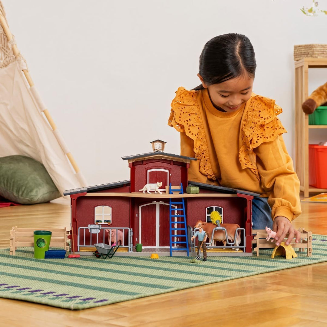 schleich FARM WORLD | Grosse rote Farm mit Bauernhaus 42606 | Set inkl. Haus, Bauer, Kuh, Schwein, K