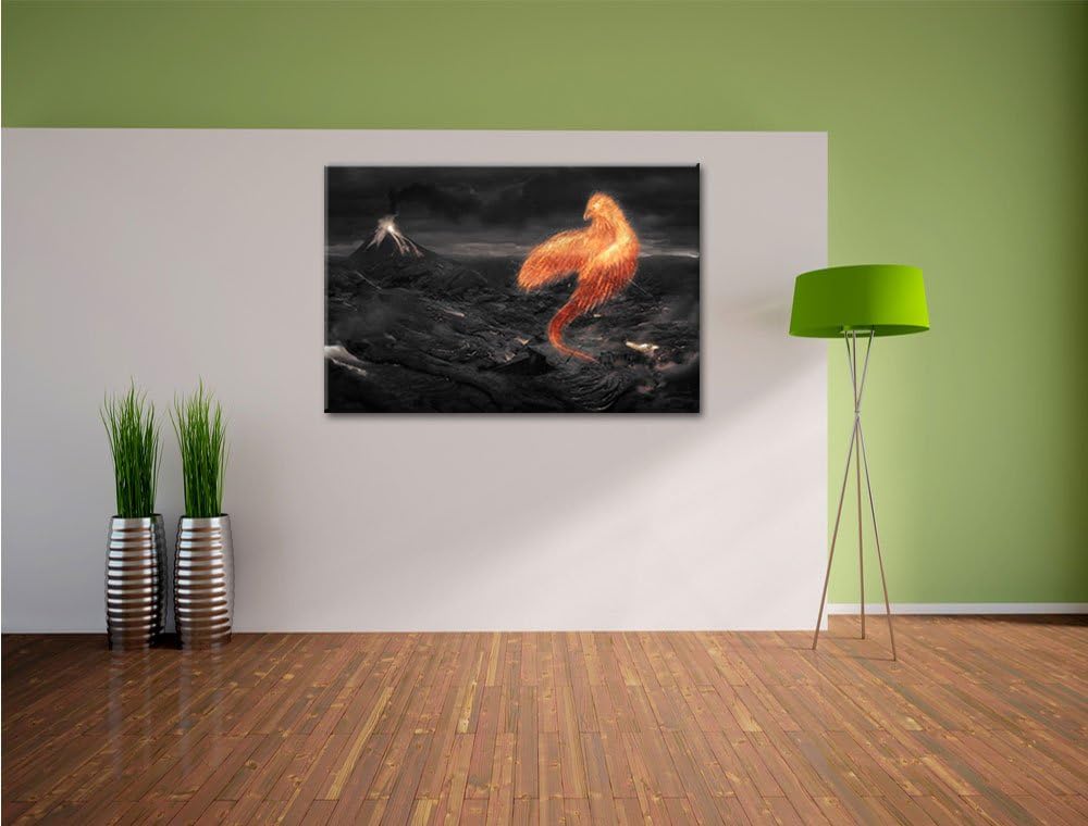 Pixxprint Brennender Phönix Vulkanlandschaft als Leinwandbild/Grösse: 100x70 / Wandbild/Kunstdruck/f