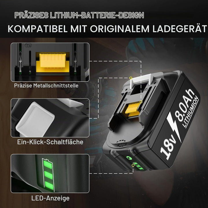 2X Akku Für 18V 8,0Ah Li-ion Ersatzakku für Akku 18V BL1860 BL1850B BL1850 BL1830 BL1860B BL1845 BL1