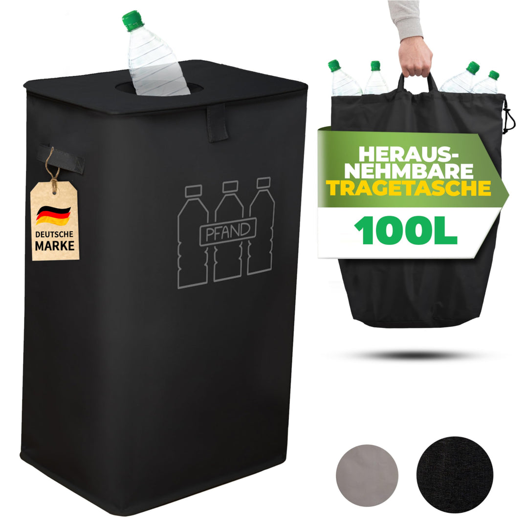 COTTARA® Pfandflaschen Sammelbehälter xxl mit Deckel und Tragetasche | Pfandbehälter mit Loch | Idea