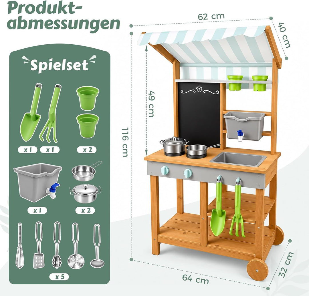 Matschküche Kinder Outdoor Holz mit Wasserdichtem Dach & Rädern, Kinderküche mit Wassertank Wasserha
