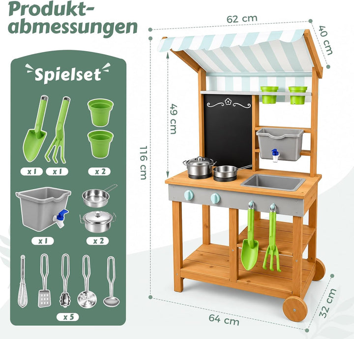 Matschküche Kinder Outdoor Holz mit Wasserdichtem Dach & Rädern, Kinderküche mit Wassertank Wasserha