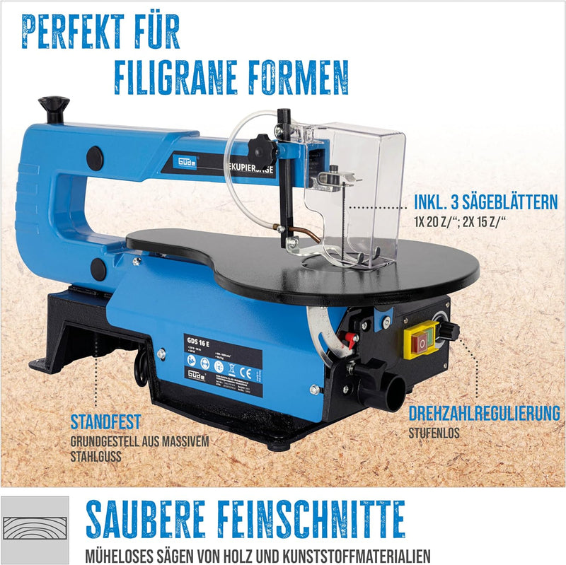 Güde 54992 Dekupiersäge GDS 16 E (120W, max 50mm Schnitthöhe, 133mm Sägeblatt, 408mm Tiefe des Tisch