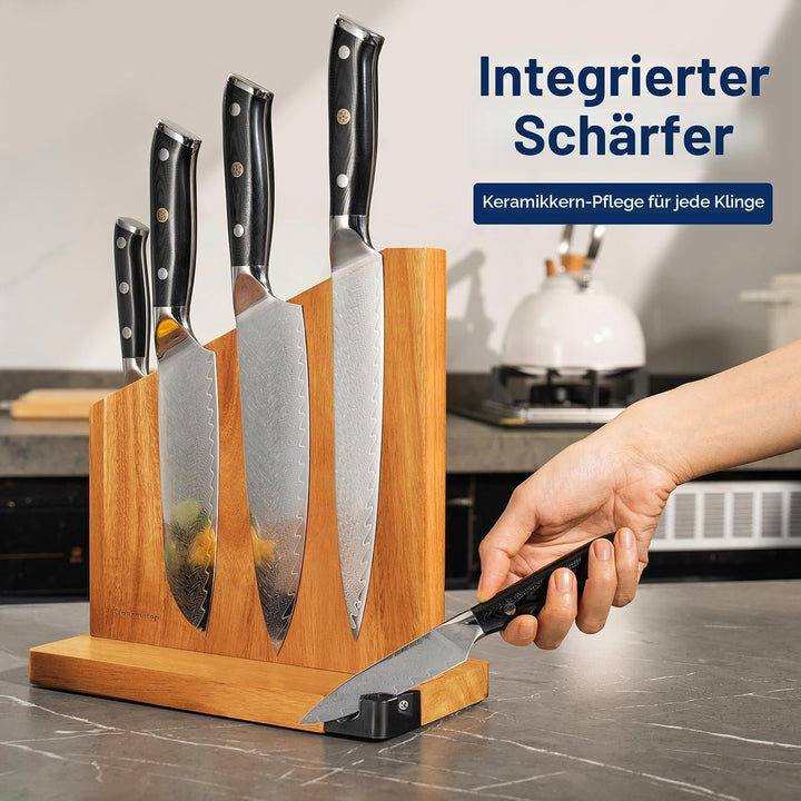 Messerblock Magnetisch mit Integriertem Schärfer, 100% Akazienholz Messerblock ohne Messer, Starker