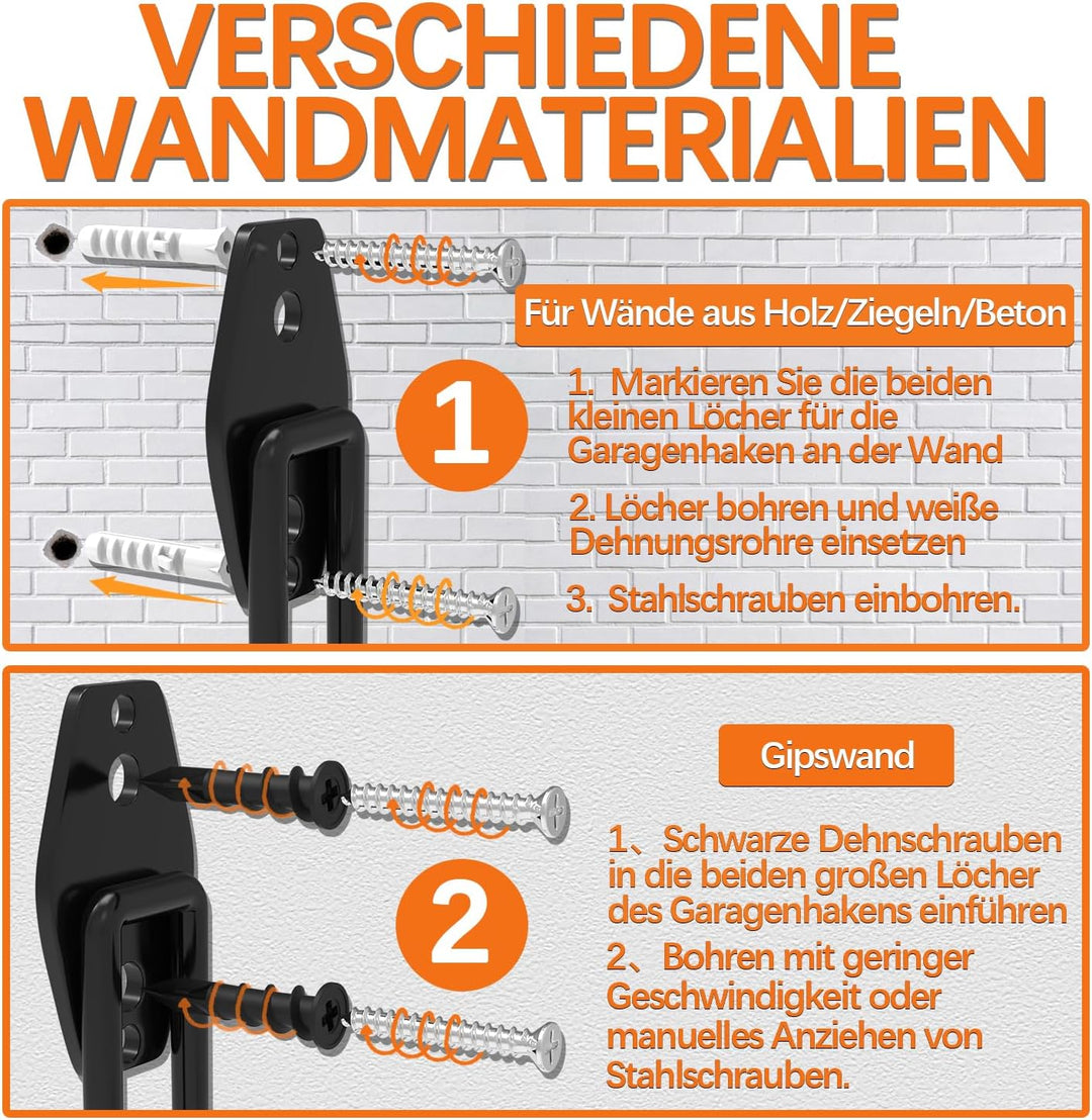 3-H Wandhaken Garage, Wandhaken Schwerlast, Haken 8 Stück Gerätehaken Garage Storage Doppelhaken für