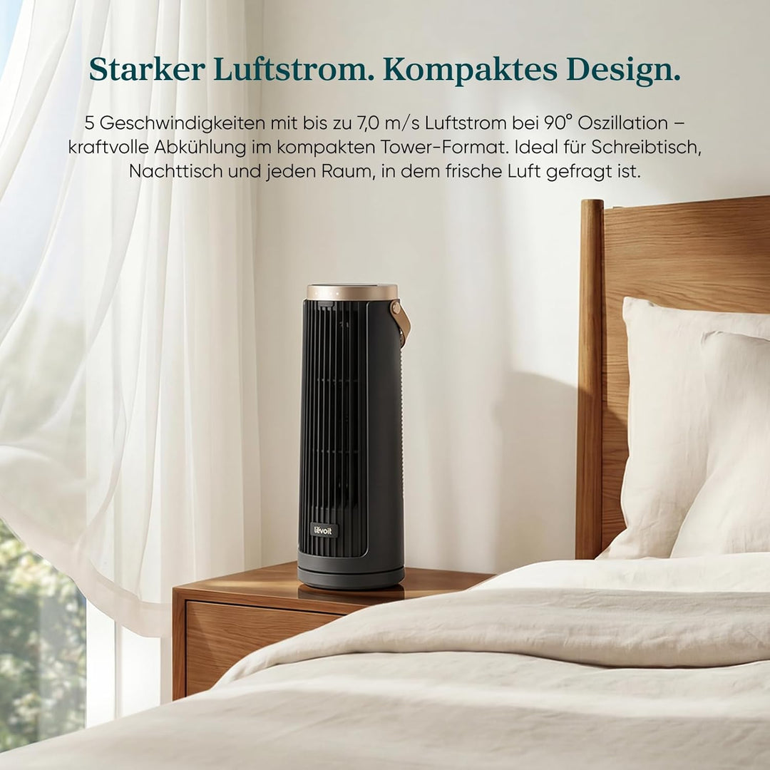 ‎Levoit Kompakt Turmventilator Akku DC Motor Indoor/Outdoor – alle Stufen leiser Ventilator, ab 20dB