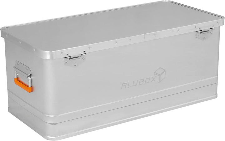 Alubox Werkzeugtruhe EASY 81 Liter Werkzeugkiste silber Alu glänzend - orange Schnallen - Aussenmass
