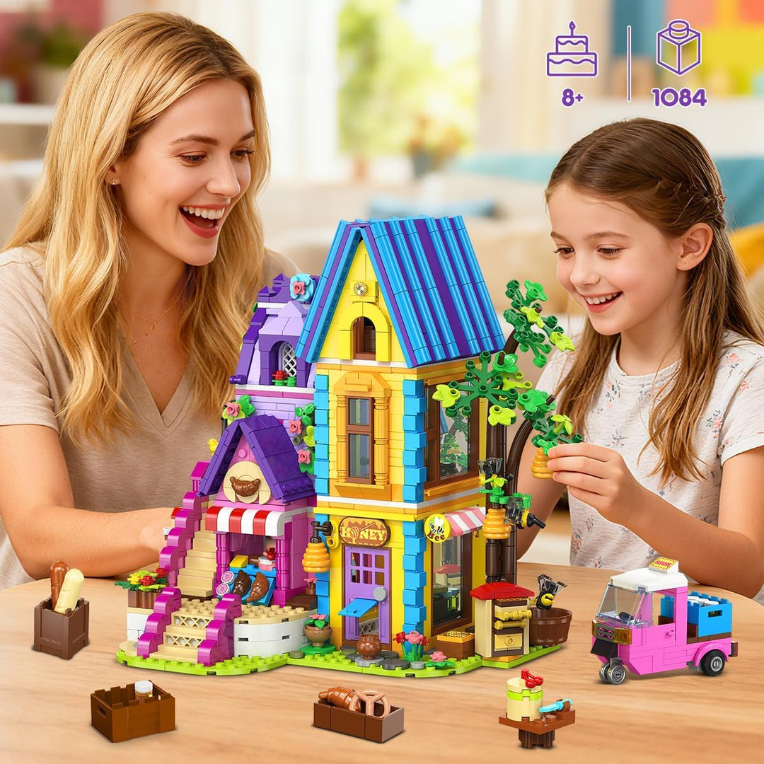 HOGOKIDS Friends Mädchen Backset Bauspielzeug mit LED-Licht - 1084PCS Bienenhaus & Bäckerei Haus, Ro