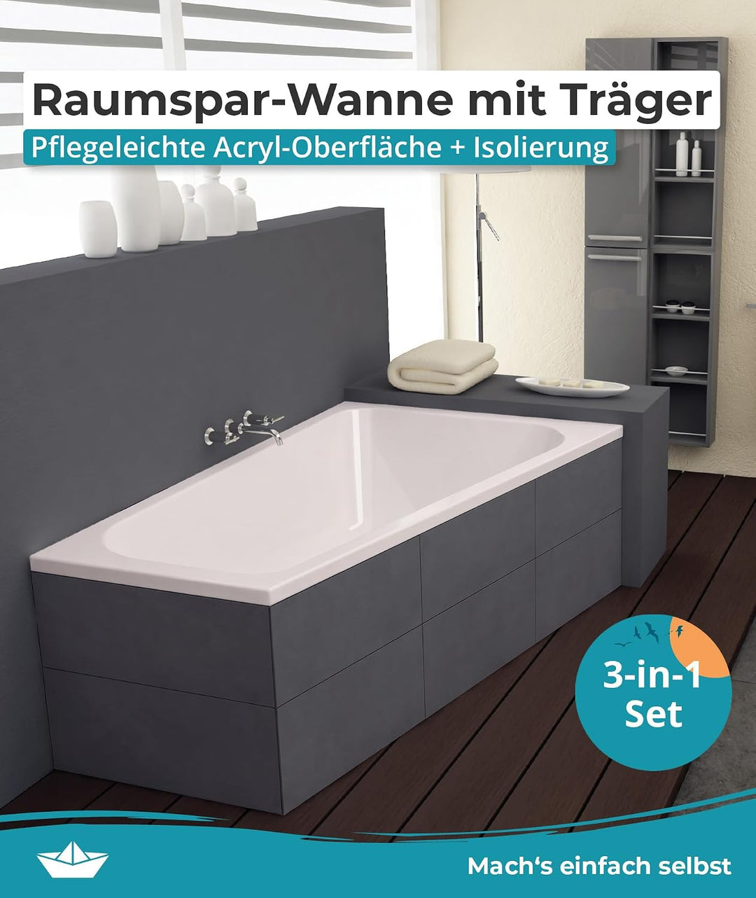 Calmwaters® Raumspar-Badewannen-Set 160x70 cm, Made in EU, mit Wannenträger &amp; Ablaufgarnitur, Acrylw