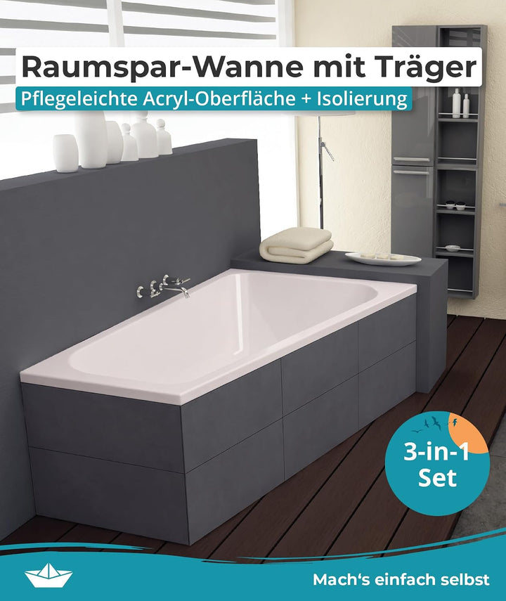Calmwaters® Raumspar-Badewannen-Set 160x70 cm, Made in EU, mit Wannenträger &amp; Ablaufgarnitur, Acrylw