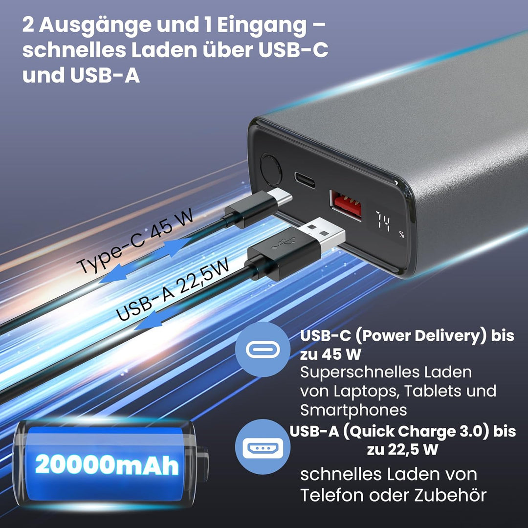 Powerbank 20000mAh Powerbank Schnellladefunktion bis zu 45W PD Power Bank USB C 20000mAh Robustes Ge