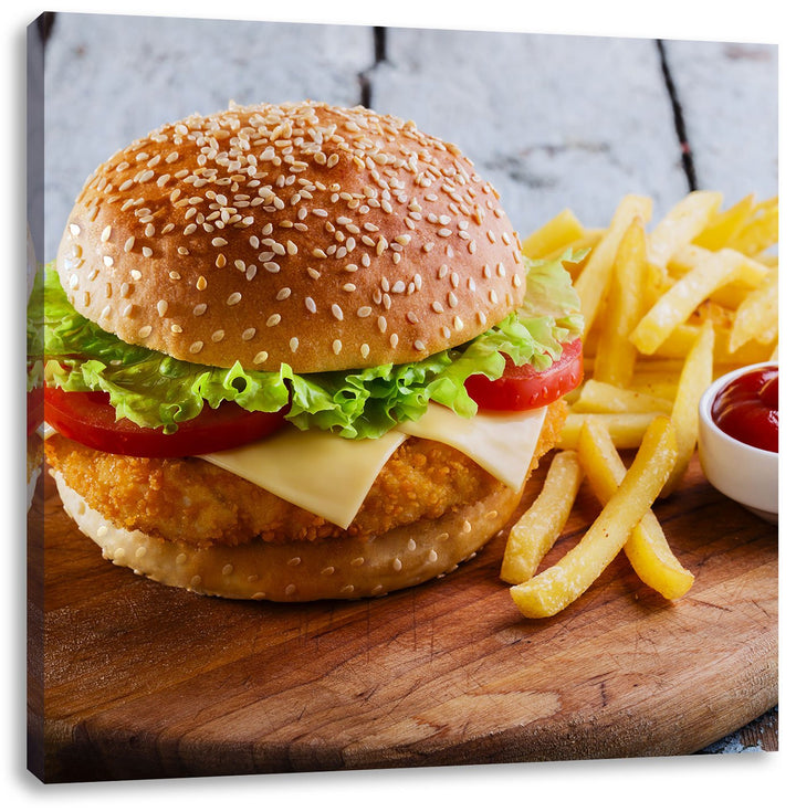Chickenburger mit Pommes, Format: 70x70 auf Leinwand, XXL riesige Bilder fertig gerahmt mit Keilrahm