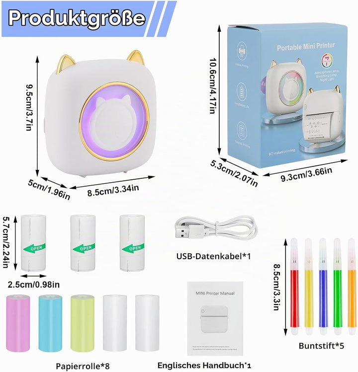 GuKKK Mini Drucker, Mobiler Fotodrucker, Tragbarer Mini Fotodrucker mit 7 Farben LED, Wireless Fotod