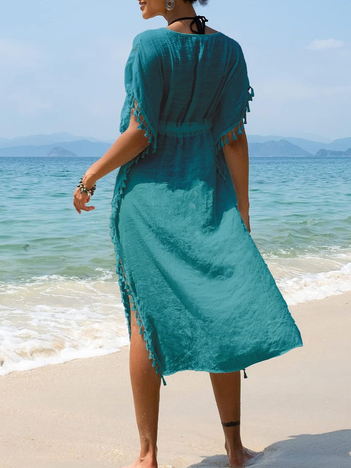 CUPSHE Damen Bademode mit Quastenbesatz und Gürtel in Midi-Länge S Blau, S Blau