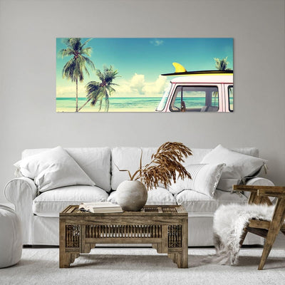 Wandbilder Dekoration Wohnzimmer Auto Surfbrett Strand Ozean Panorama Bilder auf Leinwand 120x50cm L