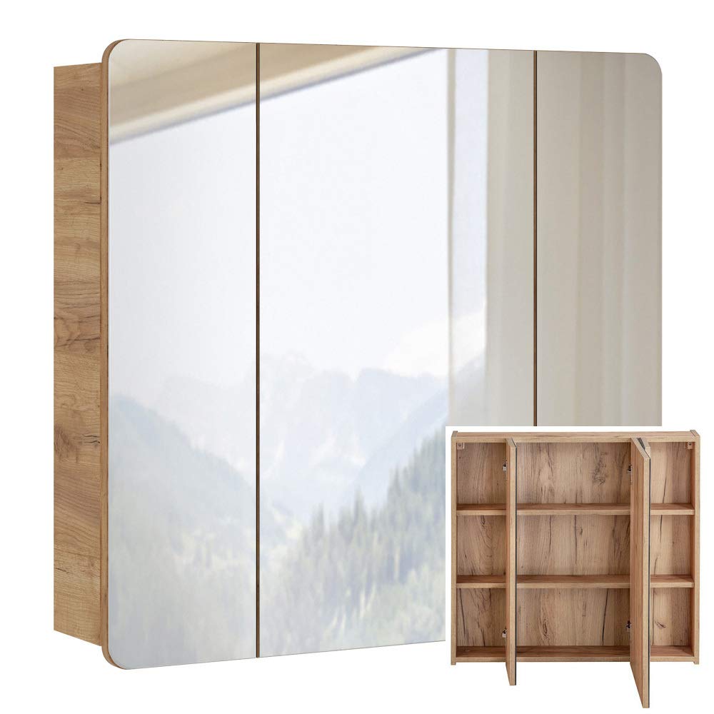 Lomadox Badmöbel Spiegelschrank 80cm, Wotaneiche Nb. 3-türig, B/H/T ca. 80/75/16cm, 80 cm breit, ohn