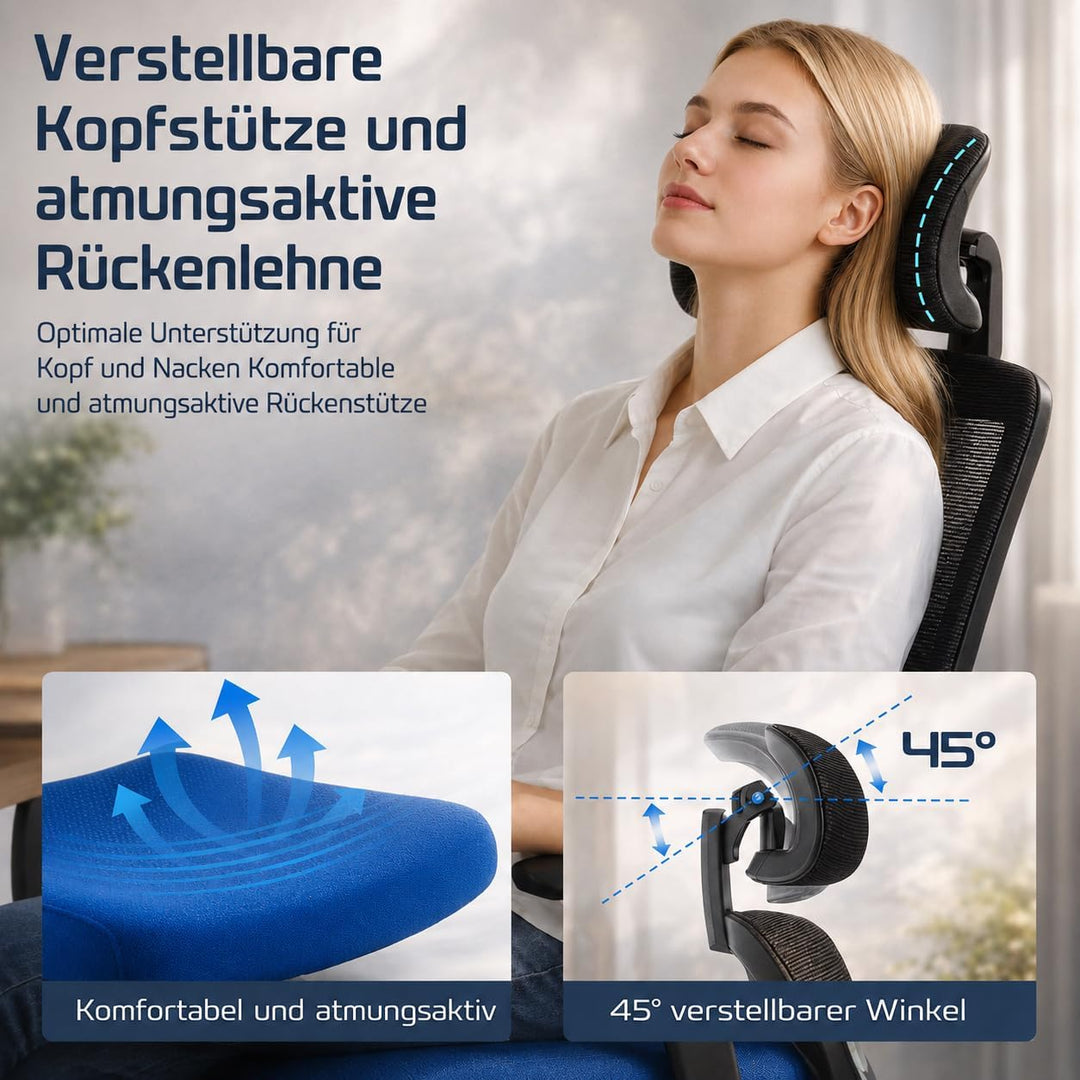 DUMOS Bürostuhl Ergonomisch, Gaming Stuhl mit Verstellbarer Kopfstütze, Armlehnen Schreibtischstuhl,