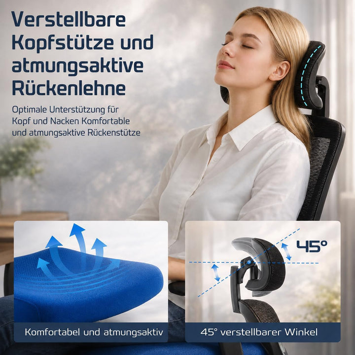 DUMOS Bürostuhl Ergonomisch, Gaming Stuhl mit Verstellbarer Kopfstütze, Armlehnen Schreibtischstuhl,