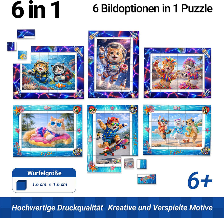 TOSY Picture Cube Adventure Cats: 6-in-1 magnetisches Bilderpuzzle, 48 Blöcke, 288 Flächen/Magnete,