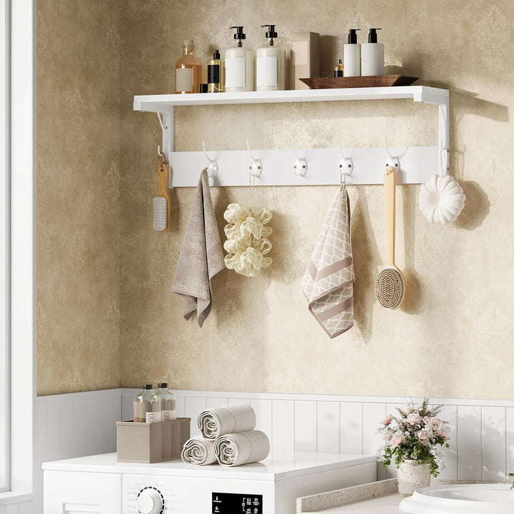 HOOBRO Wandgarderobe, Wandregal mit 7 Haken und Ablage, Hängeregal mit Garderobenleisten, Wandmontag
