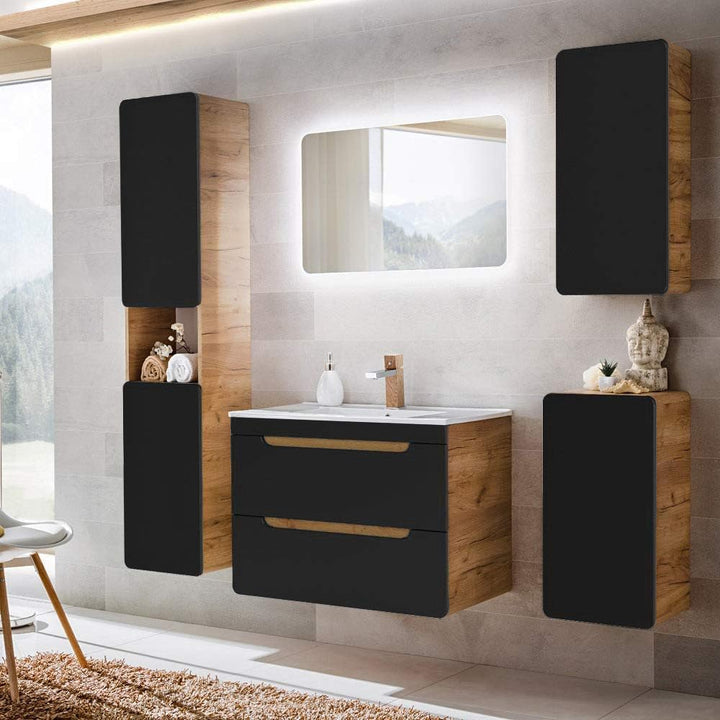Lomadox Badmöbel Hängeschrank seidenmatt anthrazit mit Wotan Eiche Nb., 1-türig, Schwarz Wall Cabine