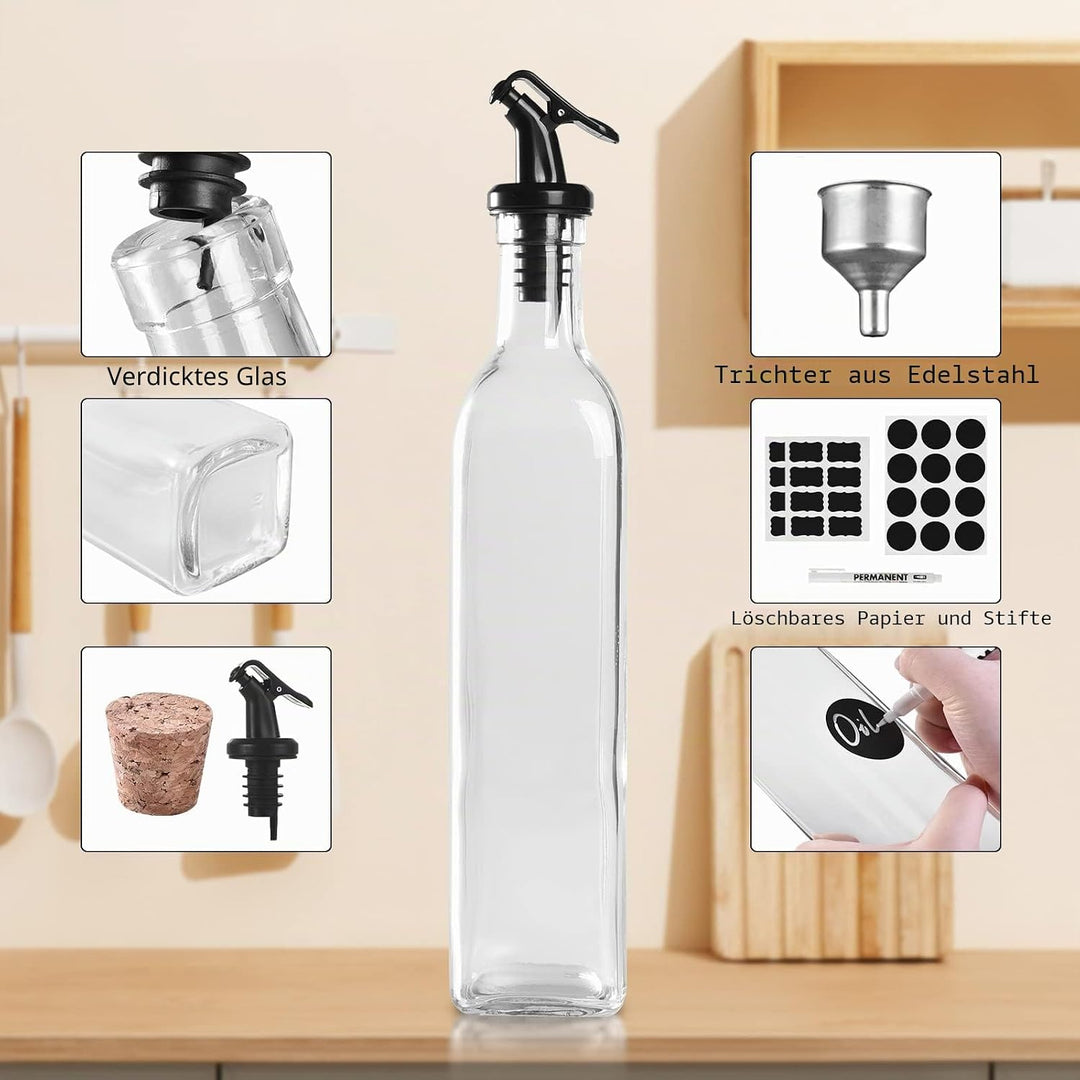 Ölflasche,Ölspender mit Trichter 6 x 250 ml, Ölflasche aus Dickem Glas ohne Blei, Essig und Ölflasch