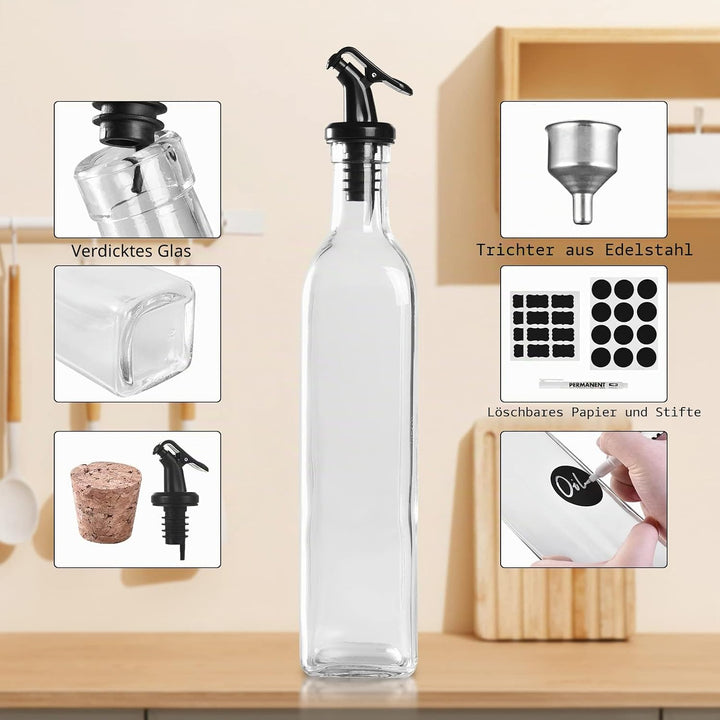 Ölflasche,Ölspender mit Trichter 6 x 250 ml, Ölflasche aus Dickem Glas ohne Blei, Essig und Ölflasch