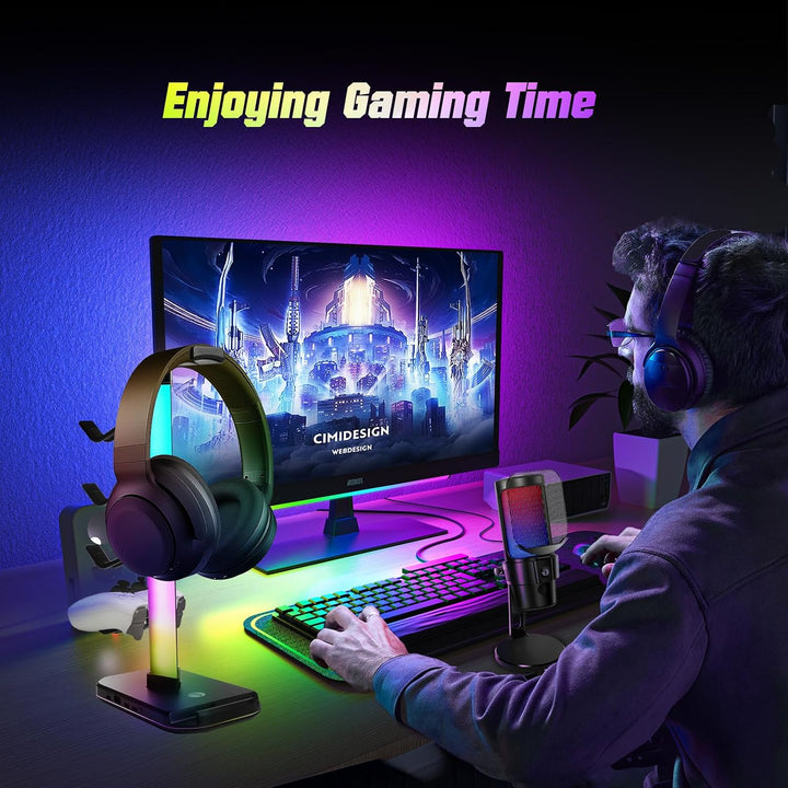 VCOM Gaming Headset Halterung mit 10 Lichtmodi, 1 USB 2 Typ-C Anschlüssen | Kopfhörer Halterung Tisc