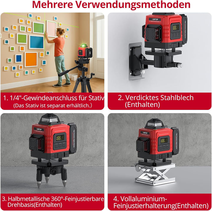XUNTOP Laser Wasserwaage Selbstnivellierend Kreuzlinienlaser Grün Laser 16 Linienlaser 360° Projekti