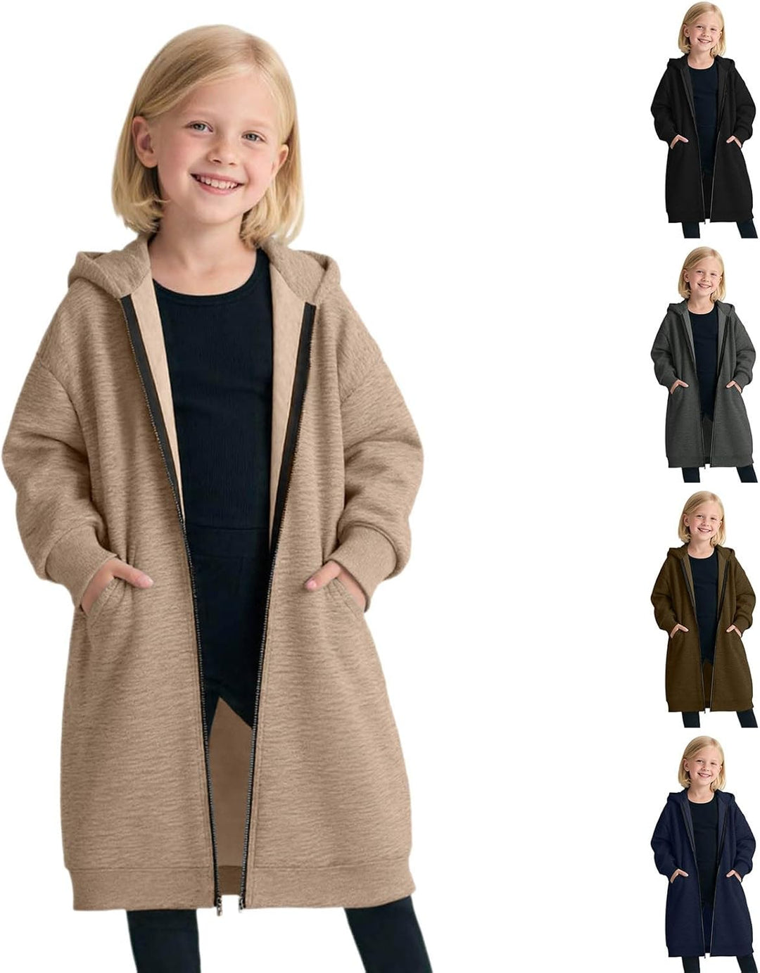 Hoodie Jacke Mädchen mit Reissverschluss Lang Kapuzenpullover Strickjacke Einfarbig Locker Sportjack