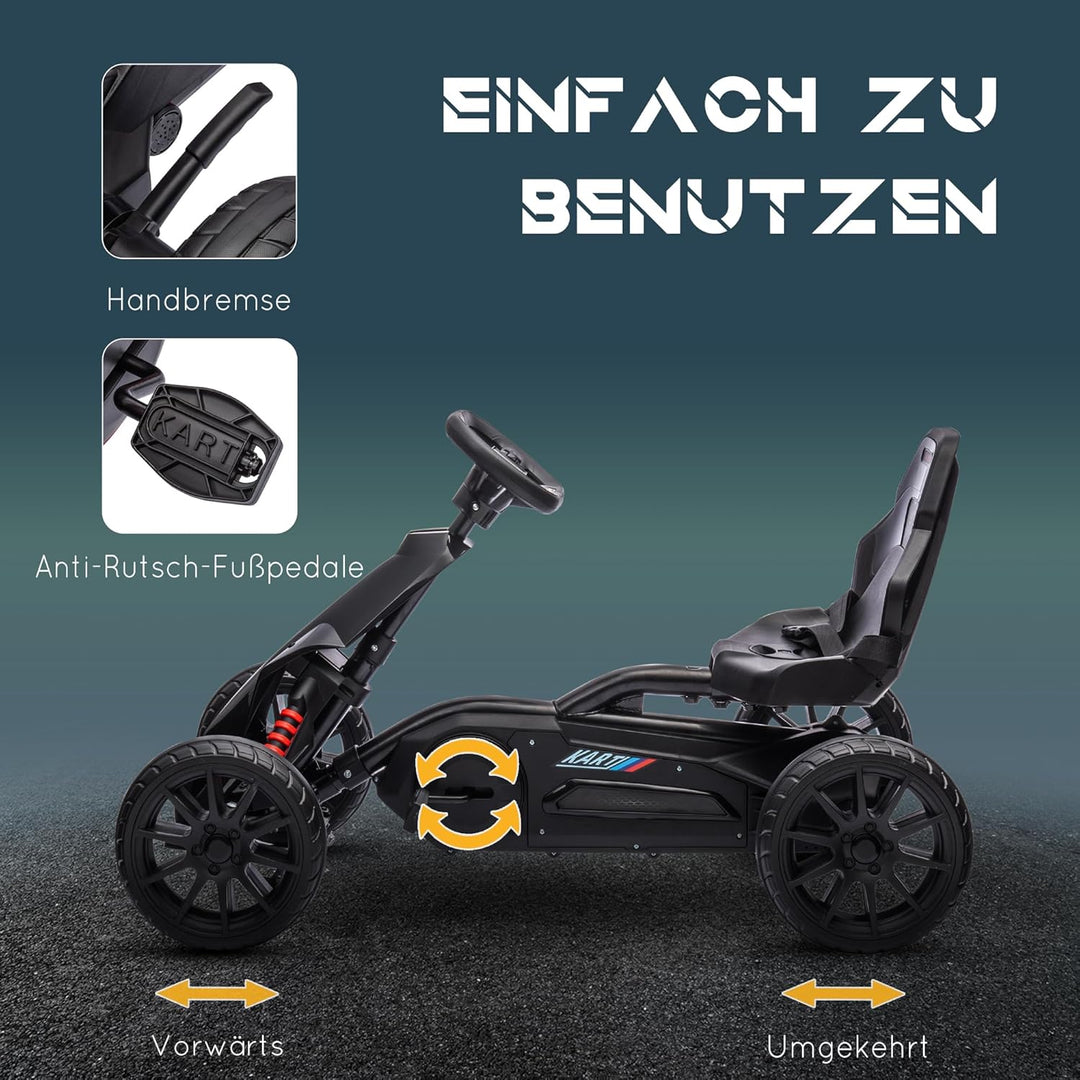 HOMCOM Gokart Tretauto mit Handbremse, verstellbarem Sitz, Vor- und Rückwärtsgang, Tretfahrzeug Kind