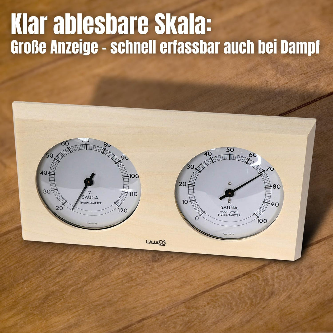 Sauna Thermo-Hygrometer - FSC Espenholz - Misst Temperatur & Luftfeuchtigkeit - Bimetalltechnik - Sy