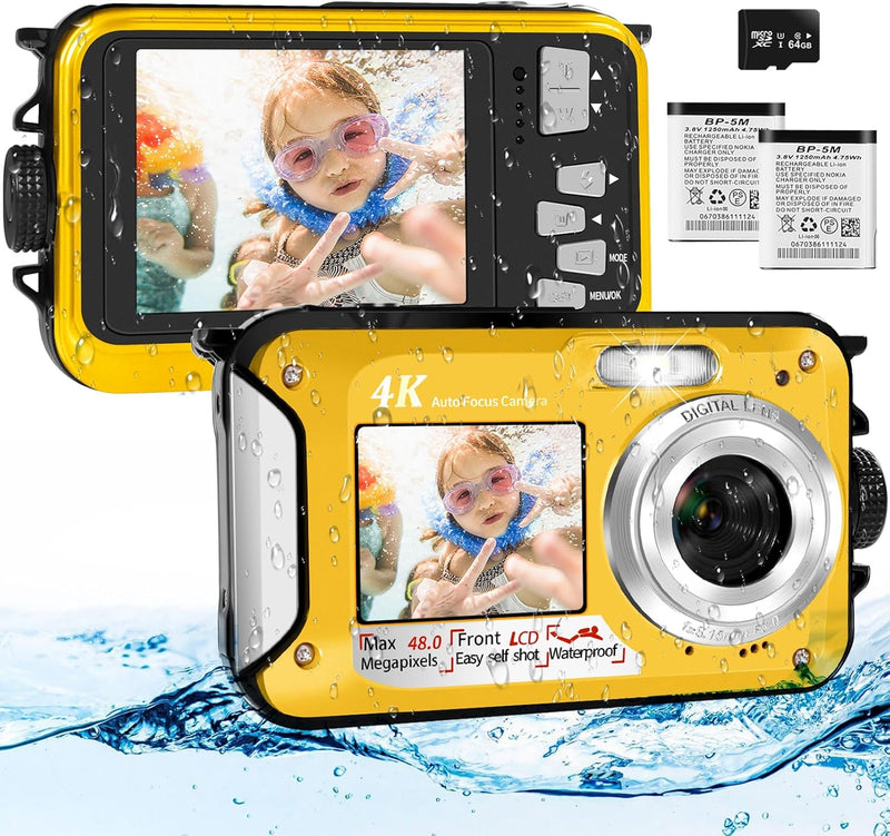 4K Unterwasserkamera mit 64GB Speicherkarte, 48MP wasserdichte Kamera mit Autofokus und Selfie HD Du