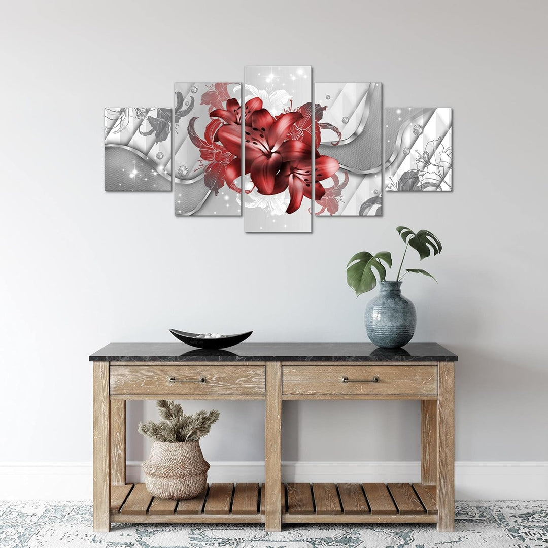 Runa Art Wandbilder Blumen Lilien 5 Teilig Bild auf Vlies Leinwand Deko Wohnzimmer Abstrakt Rot Weis