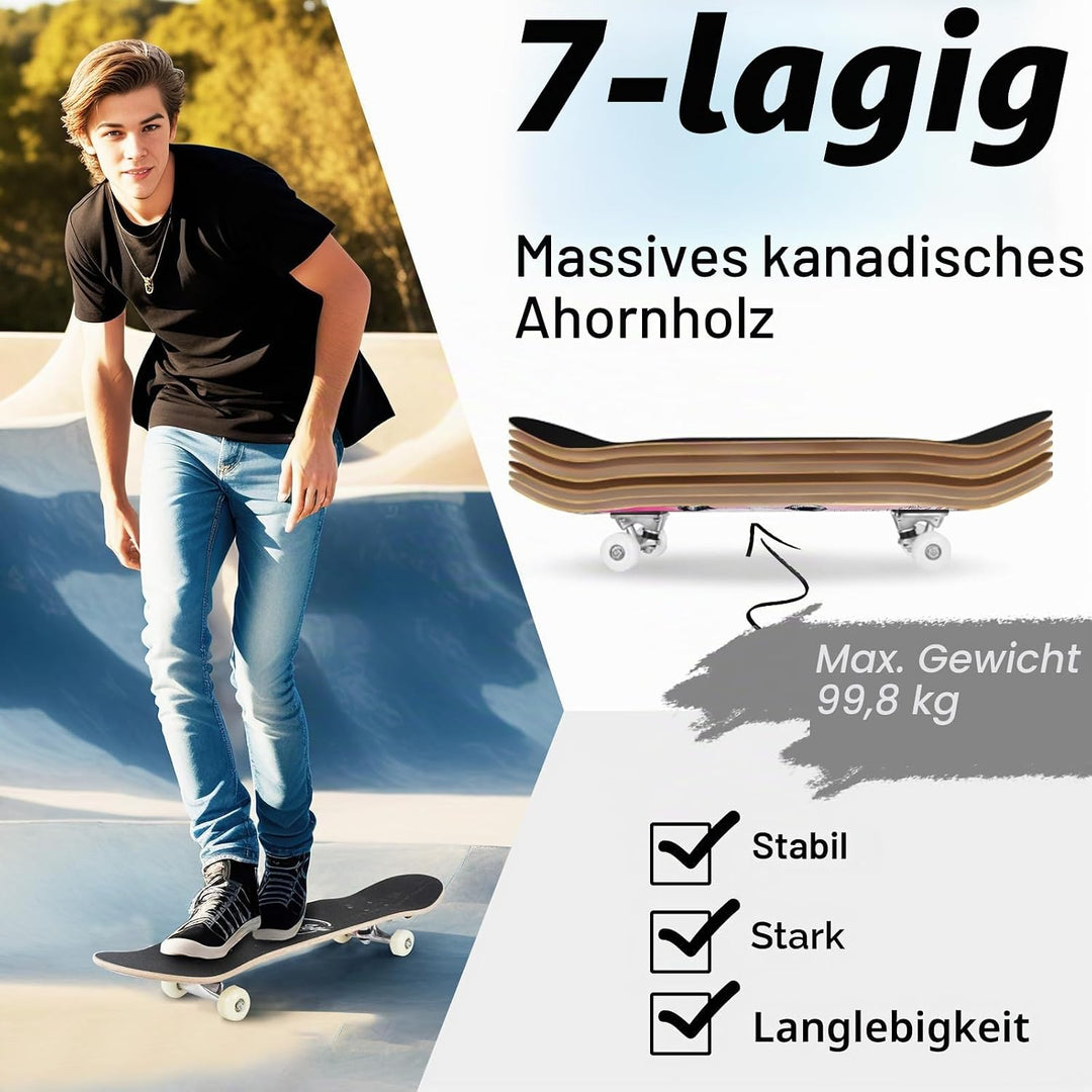 BELEEV Skateboard 31x8 Zoll Komplette Cruiser Skateboard für Kinder Jugendliche Erwachsene, 7-Lagige