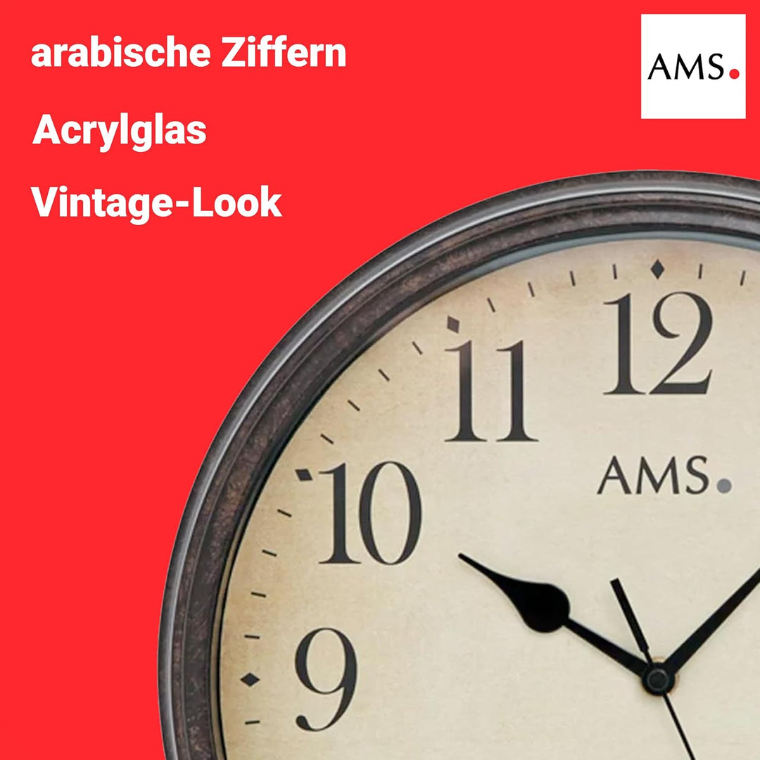 AMS 5962 Wanduhr Funkuhr Wand Vintage Uhr Style Metallgehäuse in antiker Holz-Optik Dekouhr