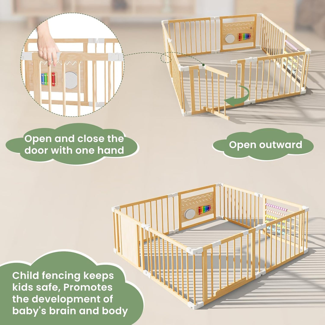 160x160x61cm Baby Laufgitter klappbar Laufstall Holz Kinder Activity Center mit Tür, musikalischem S