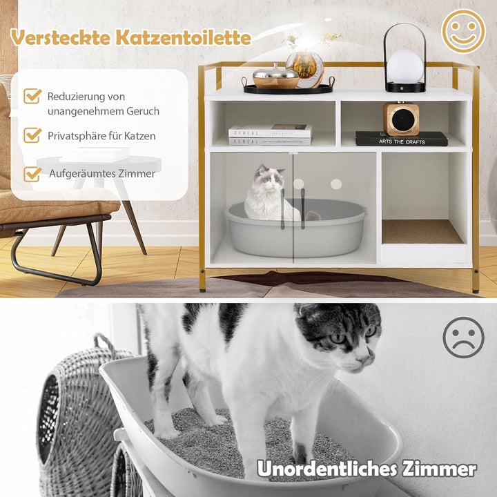 COSTWAY Katzenschrank Katzentoilette mit Doppeltüren &amp; Kratzunterlage, Katzenhaus mit offenem Regal