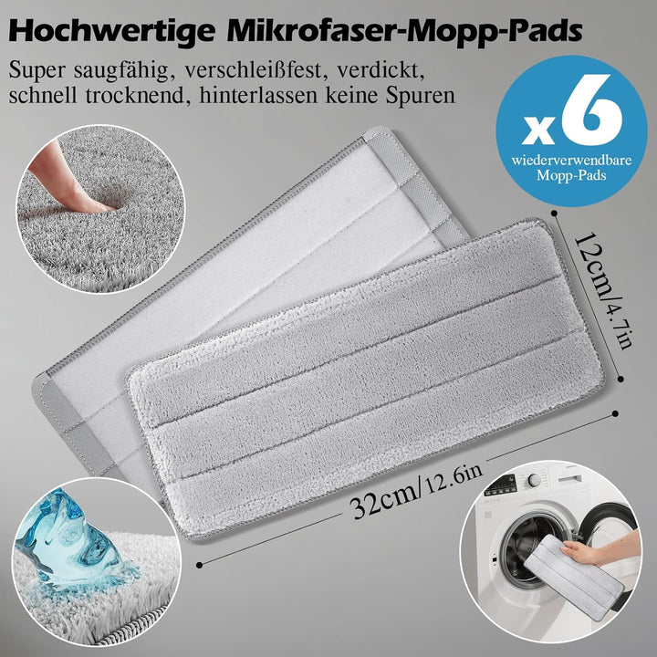 MASTERTOP Flach Mopp mit Eimer und 6 Mikrofaser Moppkopf, Hand-Frei Wischmop & Bodenwischer mit ausw