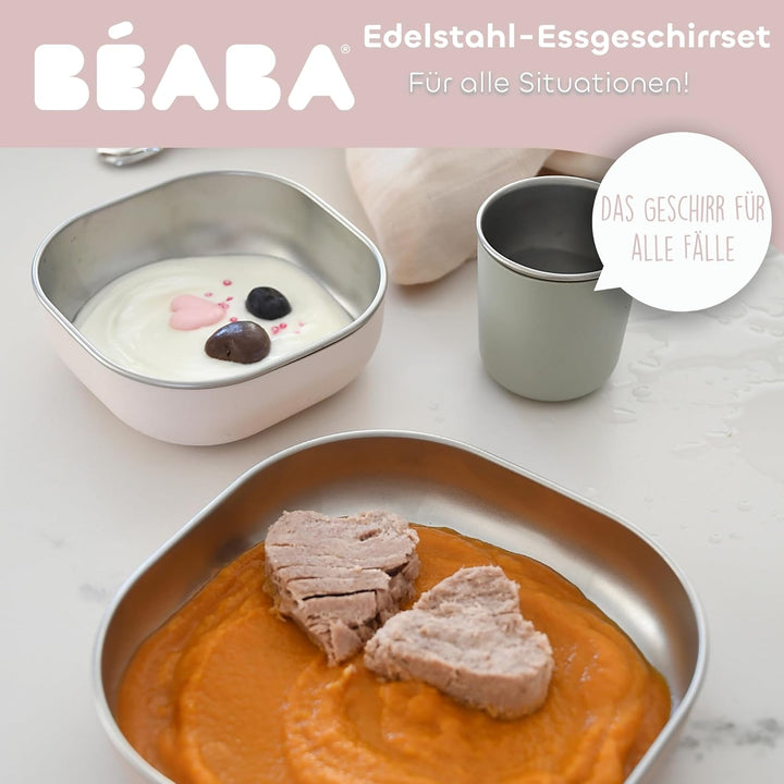 BÉABA Baby-Essensset Edelstahl 3-teilig – Glas + 2 Teller mit Silikonhülle, Mikrowellen- & Spülmasch