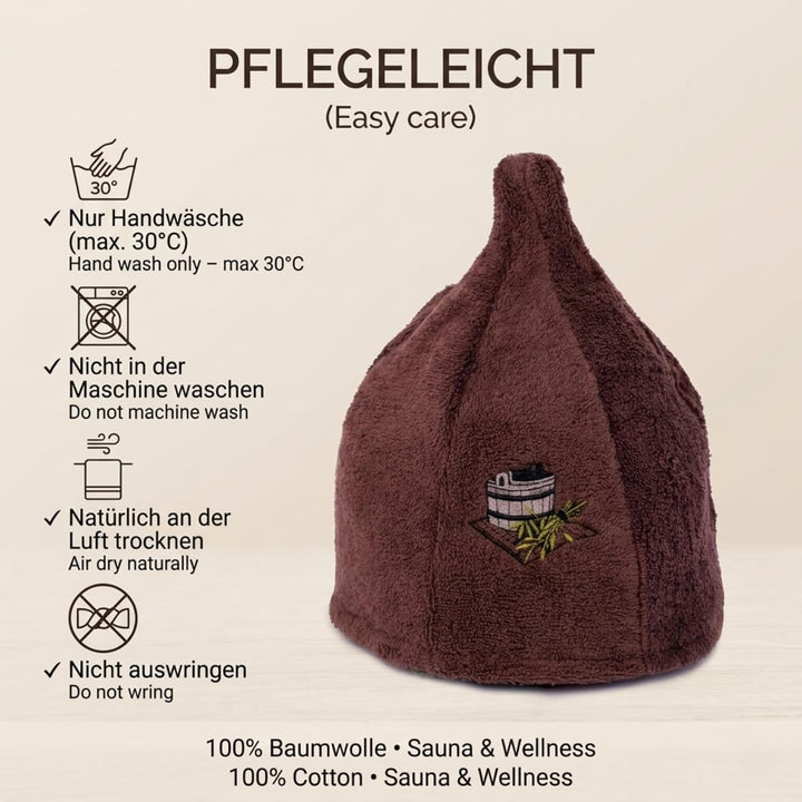 7 Farben Saunahut Damen und Herren 100% Baumwolle mit Stickerei, Wellness Mütze Premium Qualität Bra