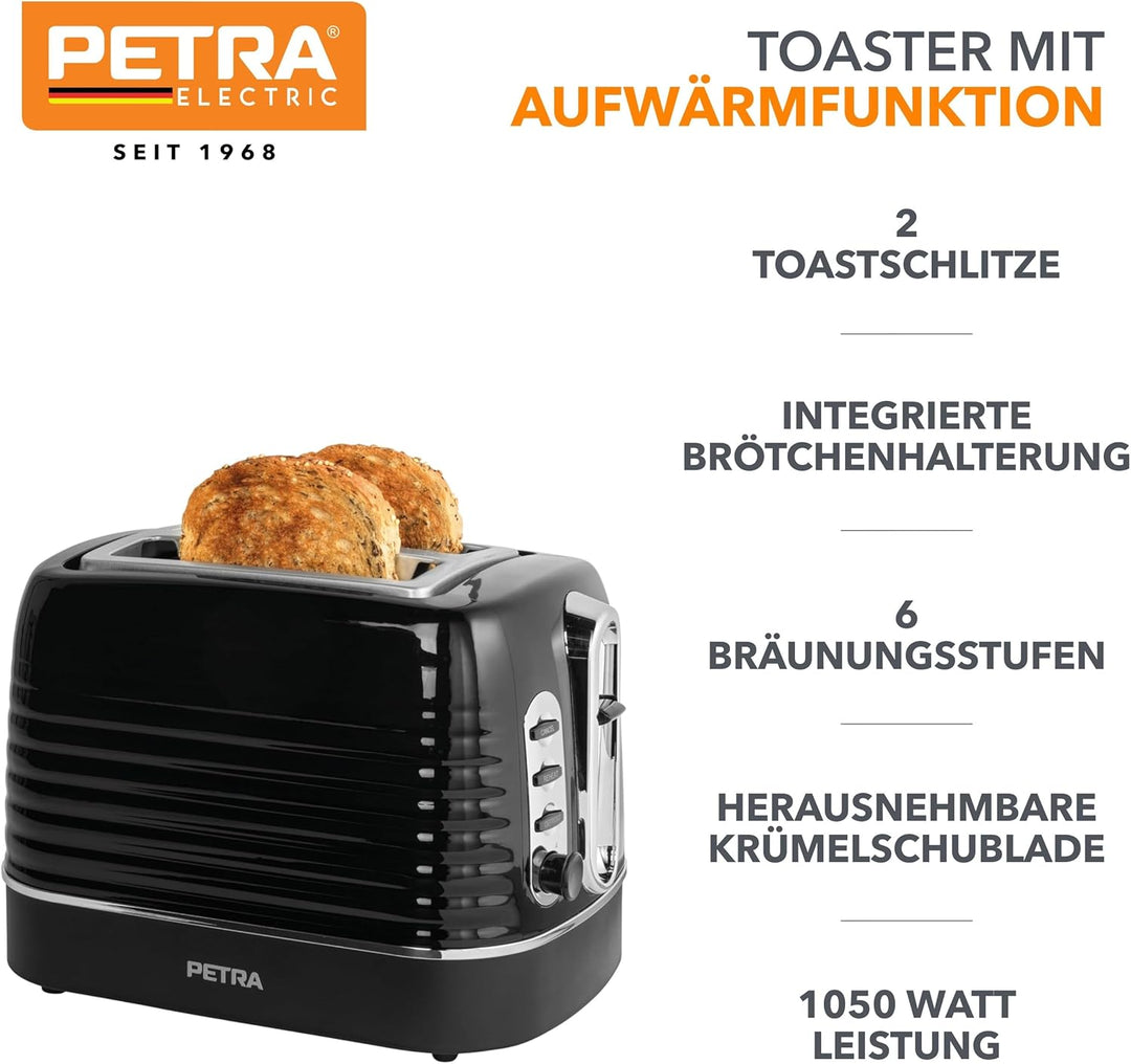 Petra PT5573BLKVDE Toaster – 2 Toastschlitze mit integrierter Brötchen-Warmhalterung für Gebäck, 6 v