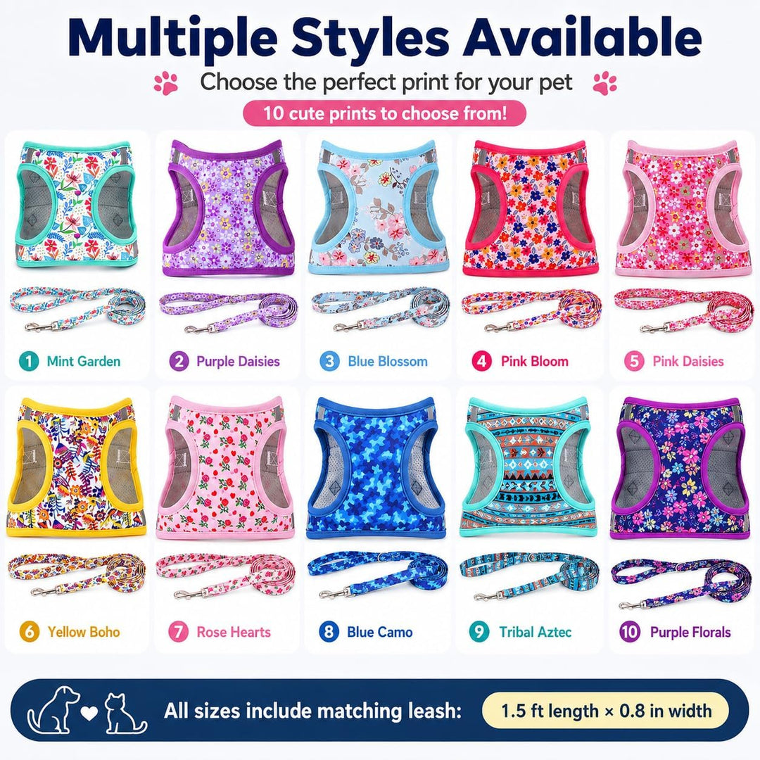 Moonpet Step in Air Hundegeschirr Leine Set – Reflektierendes Blumenmuster gepolsterte Netzweste Ges
