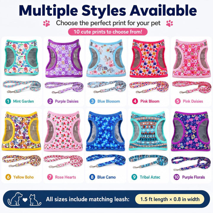 Moonpet Step in Air Hundegeschirr Leine Set – Reflektierendes Blumenmuster gepolsterte Netzweste Ges
